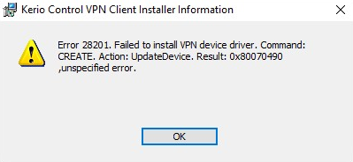 Kerio VPN client is failing to install with Unspecified error